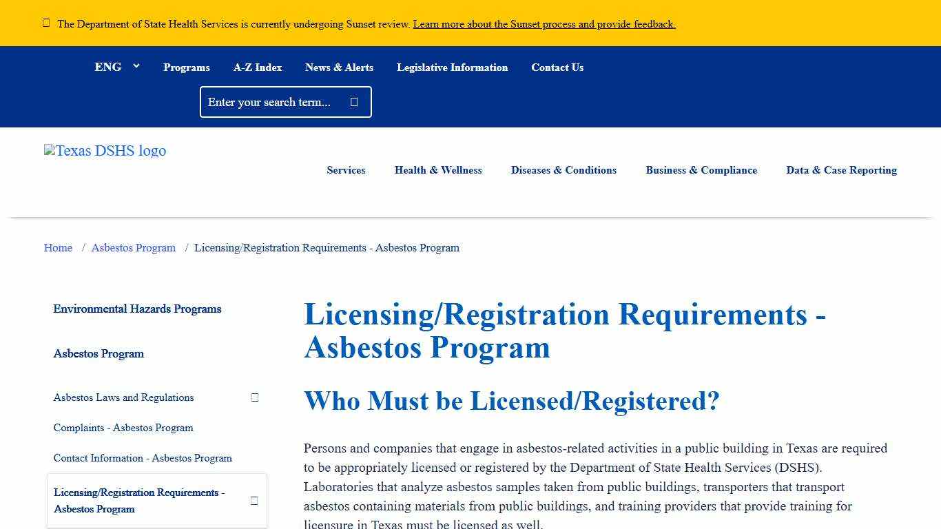 Licensing/Registration Requirements - Asbestos Program Texas DSHS